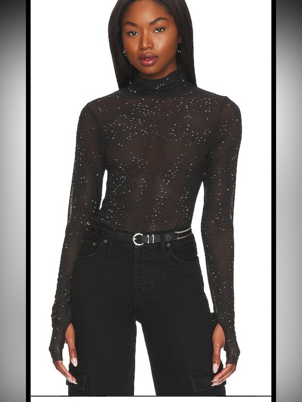 AFRM Sheer Black Sparkle Turtleneck Long Sleeve Top